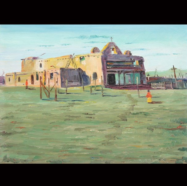 E. A. BURBANK "Indian Adobe Church at Zia, NM.": ELBRIDGE AYER BURBANK (American 1858-1949) "Indian Adobe Church at Zia, New Mexico" Oil on board. 6 x 8 inches/ 15.2 x 20.3 centimeters. Signed lower right "E. A. Burbank" Verso: Titled & signed "Indi