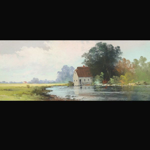 CLARENCE E. BRALEY "House on the Waters Edge": CLARENCE E. BRALEY (American 1854-1927) "House on the Waters Edge" Pastel on paper. 14 x 34 inches/ 35.5 x 86.3 centimeters. Signed lower right "C. Braley" Frame: 19.50 x 39.75 inches/ 49.5 x 101 cent