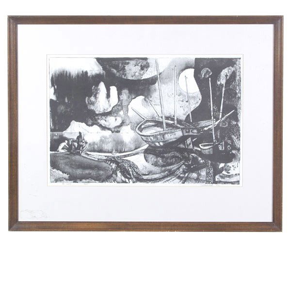 MILLARD SHEETS "The Island, 1972": MILLARD OWEN SHEETS (American 1907-1979) "The Island, 1972" Lithograph on paper. Image: 13.75 x 20.5 Inches/ 34.9 x 52.1 centimeters. Signed & dated lower right "Millard Sheets, 1972"Titled & numbered