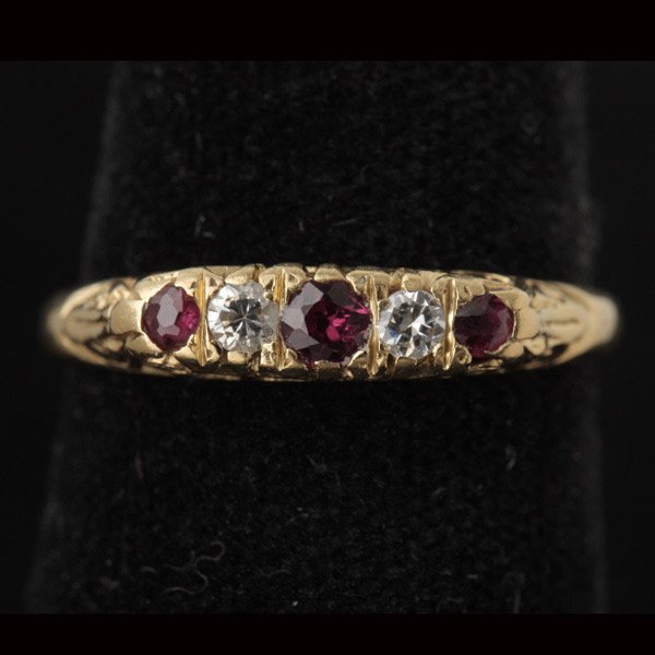 RUBY, DIAMOND, 18K YELLOW GOLD RING.: RUBY, DIAMOND, 18K YELLOW GOLD RING. Featuring three round-cut rubies weighing a total of approximately 0.10 ct., interspaced by two old mine-cut diamonds weighing a total of approximately 0.15 ct., s