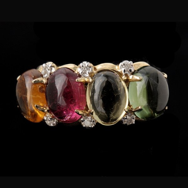 TOURMALINE, 10K YELLOW GOLD RING.: TOURMALINE, 10K YELLOW GOLD RING. Featuring four oval tourmaline cabochons,accented by six full-cut diamonds weighing a total of approximately 0.04 ct., set in a 10k yellow gold mounting. Size 7, 2.4