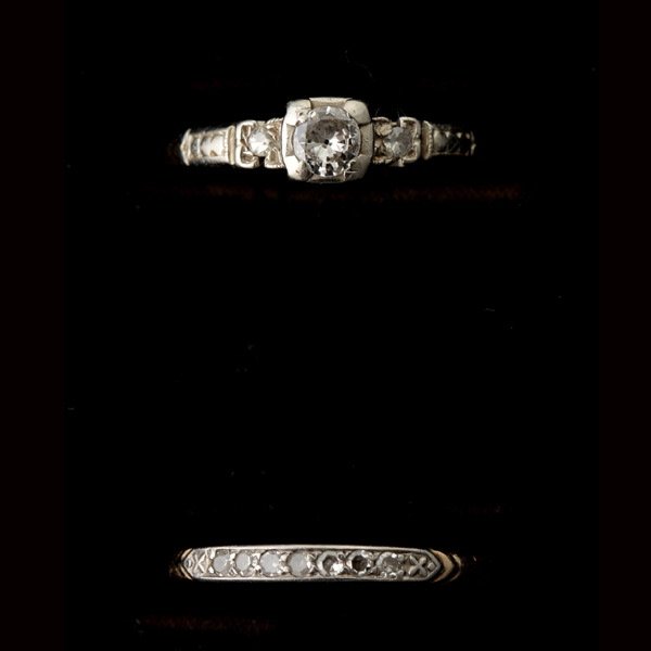 DIAMOND, 14K YELLOW GOLD WEDDING RING SET.: DIAMOND, 14K YELLOW GOLD WEDDING RING SET. Featuring one full-cut diamond, weighing approximately 0.15 ct., flanked by two single-cut diamonds weighing a total of approximately 0.04 ct., set in a 14k