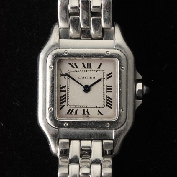 LADIES CARTIER PANTHER STAINLESS STEEL WRISTWATCH.: LADIES CARTIER PANTHER STAINLESS STEEL WRISTWATCH. DIAL: Square, white, black Roman numerals, inner black minutes track, blued baton hands, Cartier. MOVEMENT: Quartz (not opened). CASE: Stainless stee