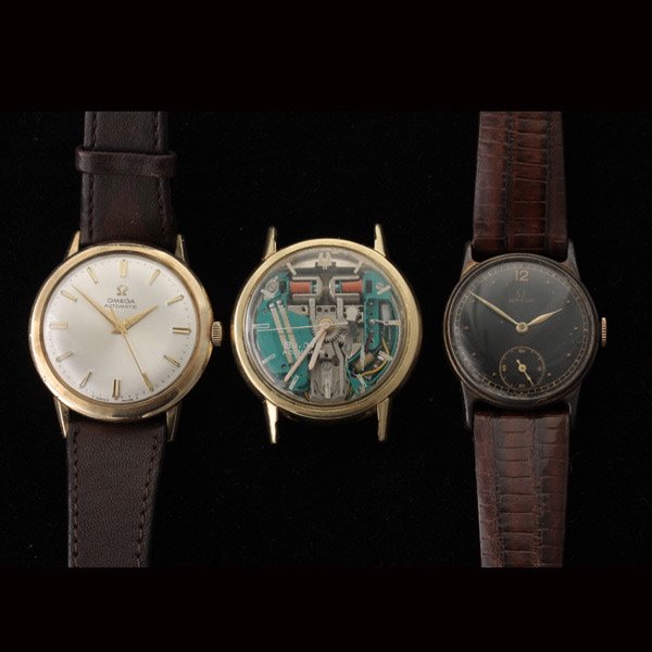 COLLECTION OF THREE METAL, LEATHER WRISTWATCHES.: COLLECTION OF THREE METAL, LEATHER WRISTWATCHES. Including one Bulova Accutron Spaceview metal wristwatch, 35 mm; one Omega, 10k gold-filled, leather wristwatch together with one Omega automatic, meta