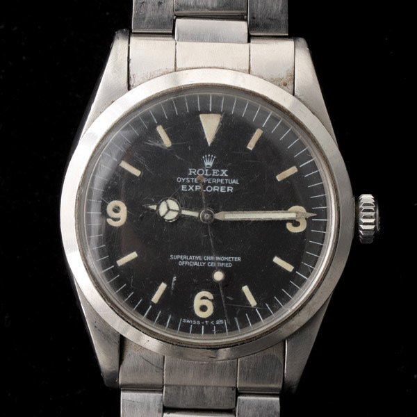 ROLEX EXPLORER STAINLESS STEEL WRISTWATCH.: ROLEX EXPLORER STAINLESS STEEL WRISTWATCH. DIAL: Round, black, luminous Arabic numeral and baton hour markers, center sweep seconds hand, outer white minutes track, Rolex Oyster Perpetual Explorer, su