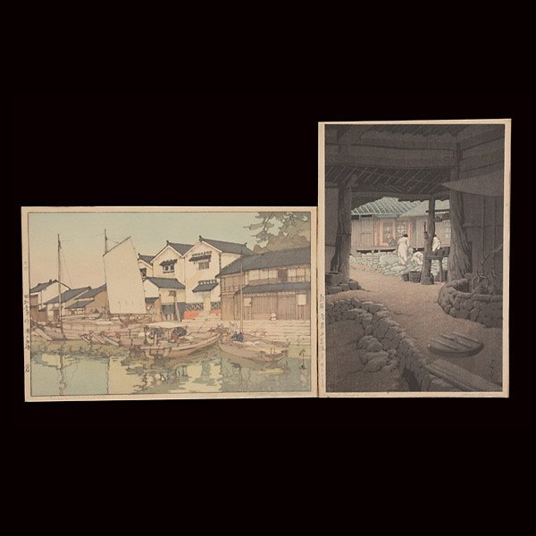 Two Japanese Woodblock Prints: Various Artists: Two Woodblock Prints, a) Kawase Hasui: Saninji Temple, Korea, dated 1940; b) Hiroshi Yoshida: Setonaikai-shu 'Kura,' dated 1930 {Second: 14 1/2 x 9 1/2 inches (36.5 x 24 cm)}