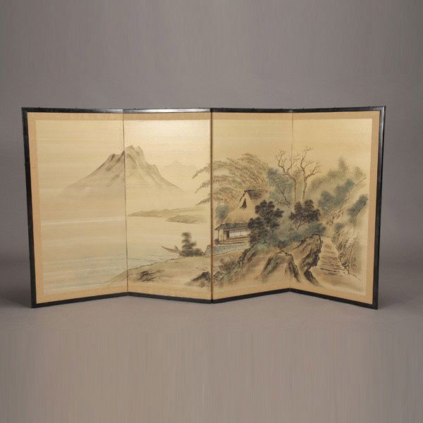 A Japanese Four-Panel Folding Screen: A Japanese Four-Panel Folding Screen, decorated with a mountainous river landscape with buildings and a figure in a boat, signed with a seal to the lower right {Largest Panel: 36 x 18 inches (91.5 x 4