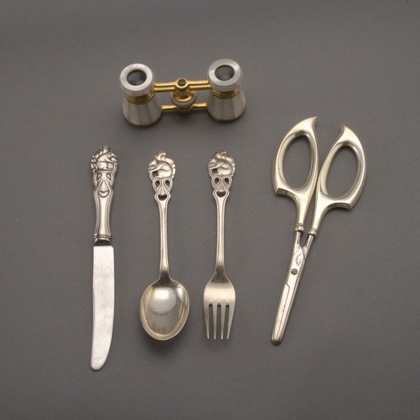 Norwegian Marthinsen Sterling Child's set, shears,: Norwegian Th. Marthinsen Sterling Three Piece Child's Set; a pair of sterling handled German grape shears; and a pair of mother of pearl mounted opera glasses (5) {Total silver weight 1.82 troy oz; le