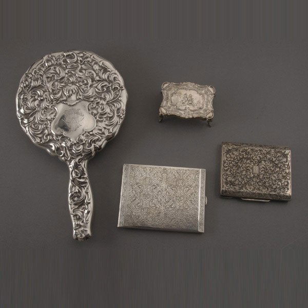 Art Nouveau Sterling Group (4): Art Nouveau Sterling Group: a Whiting hand mirror with leafy design centering strapwork initials; two card cases, one marked "800", the other "935"; together with a Rococo revival miniature silver tab