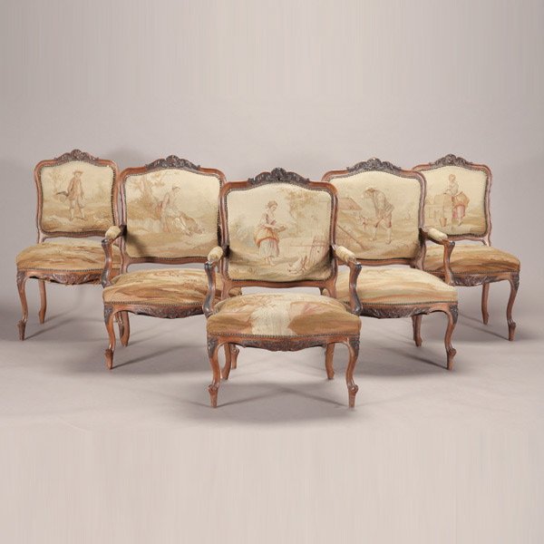 Set of Five Aubusson Tapestry Upholstered Fauteuil: Set of Five Aubusson Tapestry Upholstered Fauteuils, Early 20th Century, Each with arched crest centering a shell cartouche and leafy sprays over shaped padded arms, with serpentine apron raised on ca