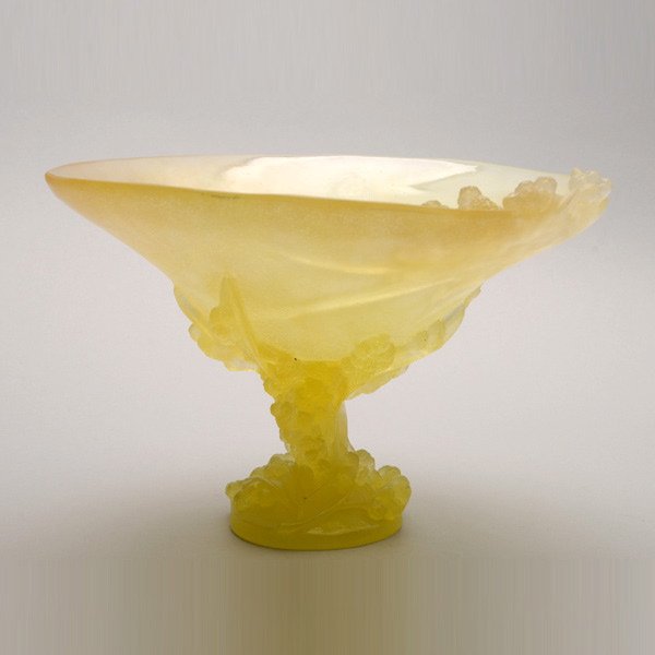 Daum France Pate de Verre Glass Compote,: Daum France Pate de Verre Glass Compote, Late 20th Century, The conical shaped deep well bowl with sprays of flowering daffodils wrapping around the cylindrical pedestal and dome form foot. {Height 7 