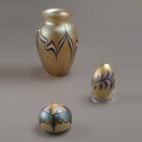 Orient & Flume Vase & Paperweight, and another: Orient & Flume Vase; together with two paperweights, one Orient & Flume (3) {Height of vase 6 1/4 inches}