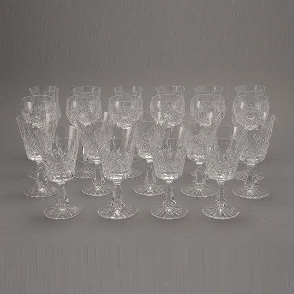Assembled Group of Twenty-one Waterford Glasses: Assembled Group of Twenty-one Waterford Glasses: six red wine (height 7 1/2 inches); six white wine (height 7 1/4 inches) and nine water (height 6 3/4 inches)