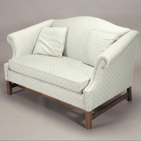 Chippendale Style Camel Back Upholstered Settee: Chippendale Style Camel Back Upholstered Settee with Blue Chintz {Dimensions 35 1/2 x 60 x 32 inches}