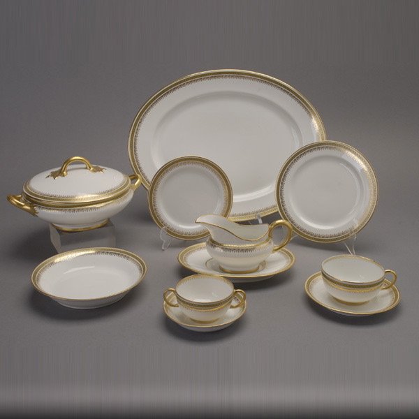 Limoges Porcelain Dinner Service, J. Pouyat (103): Limoges Porcelain Dinner Service, J. Pouyat: ten dinner plates (diameter 9 1/2 inches); eleven dessert plates (diameter 7 1/4 inches); eleven soup bowls (diameter 7 3/8 inches); eleven bread plates; e