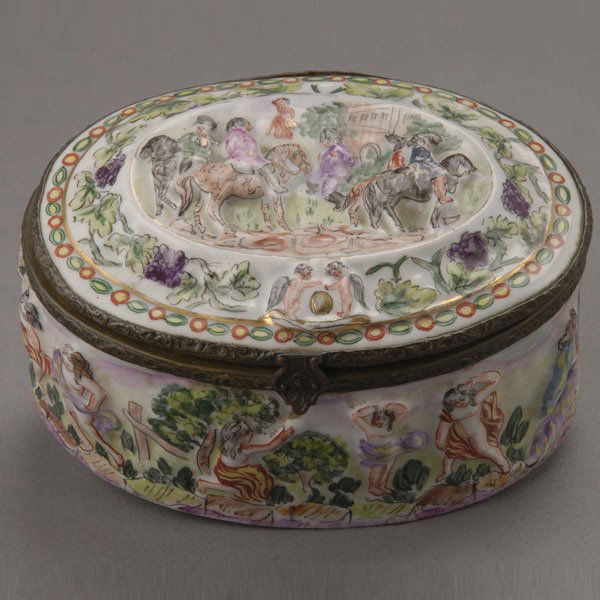 Capodimonte Porcelain Figural Oval Box: Capodimonte Porcelain Figural Oval Box with Gilt Metal Mount {Height 2 1/2 inches, length 5 1/2 inches}