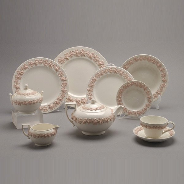Wedgwood Pink Queensware China Service: 79: Wedgwood Pink Queensware China Service: eleven dinner plates (diameter 10 5/8 inches); ten lunch plates (diameter 9 1/4 inches); eight soup bowls (diameter 8 1/4 inches); twelve salad plates (diameter