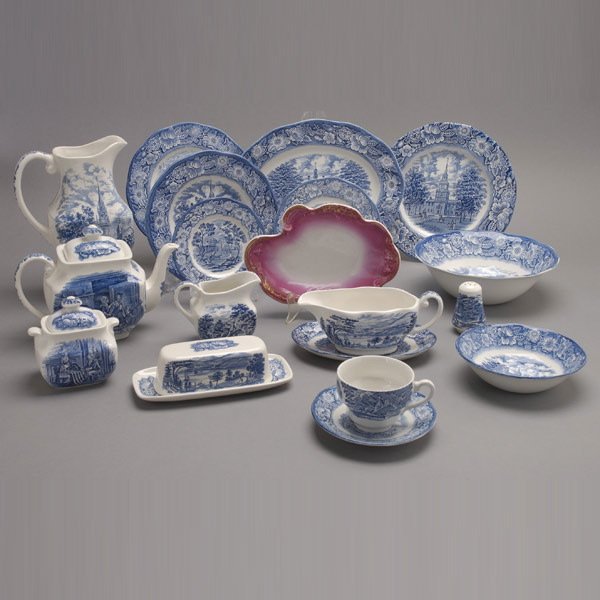 English Liberty Blue Staffordshire Service (96): English Liberty Blue Staffordshire Ironstone Dinner Service, "Historic Colonial Scenes": nineteen dinner plates (diameter 9 3/4 inches); twelve salad plates (diameter 8 3/4 inches); eight cake plates;