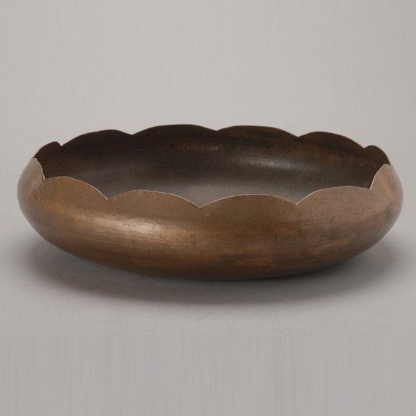 Dirk Van Erp Hammered Copper Bowl: Dirk Van Erp Hammered Copper Bowl, The shallow well low bowl with an inverted scalloped foliate rim, the base stamped with a windmill mark "Dirk Van Erp" {Height 3 1/2 inches; diameter 13 1/2 inches}