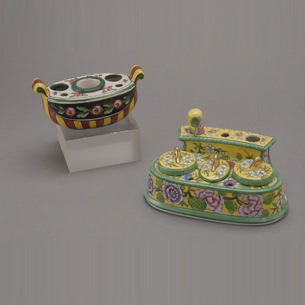 Two French Faience Inkwells: Two French Faience Inkwells {Height of taller 2 3/4 inches} [Lacking some elements]