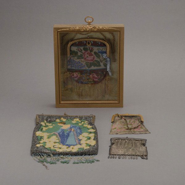 Four Vintage Purses: Four Vintage Purses: two beaded, one in shadow box frame; a Whiting & Davis mesh; another metal {Dimensions of largest 12 x 7 1/2 inches}