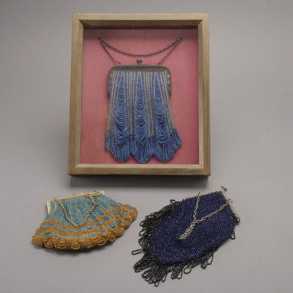 Three Vintage Beaded Purses: Three Vintage Beaded Purses, one in shadow box frame {Dimensions of longest 12 x 5 inches}