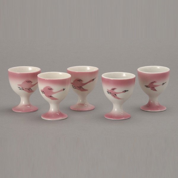 Five Milwaukee Road Traveller Pattern Egg Cups: Five Milwaukee Road Traveller Pattern Egg Cups. Not back stamped. {Height 2 1/2 inches} No chips, breaks, or repairs.