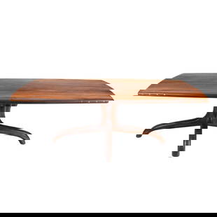 Arthur Espenet Carpenter Black Walnut Dining Table: Arthur Espenet Carpenter Black Walnut Dining Table. Rectangular top with slight outward curve, on pedestal base splitting into four downswept legs. The underside incised with 'Espenet 6784'. Bolinas,