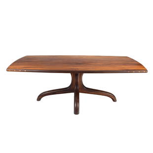 Arthur Espenet Carpenter Black Walnut Dining Table: Arthur Espenet Carpenter Black Walnut Dining Table. Rectangular top with slight outward curve, on pedestal base splitting into four downswept legs. The underside incised with 'Espenet 6784'. Bolinas,