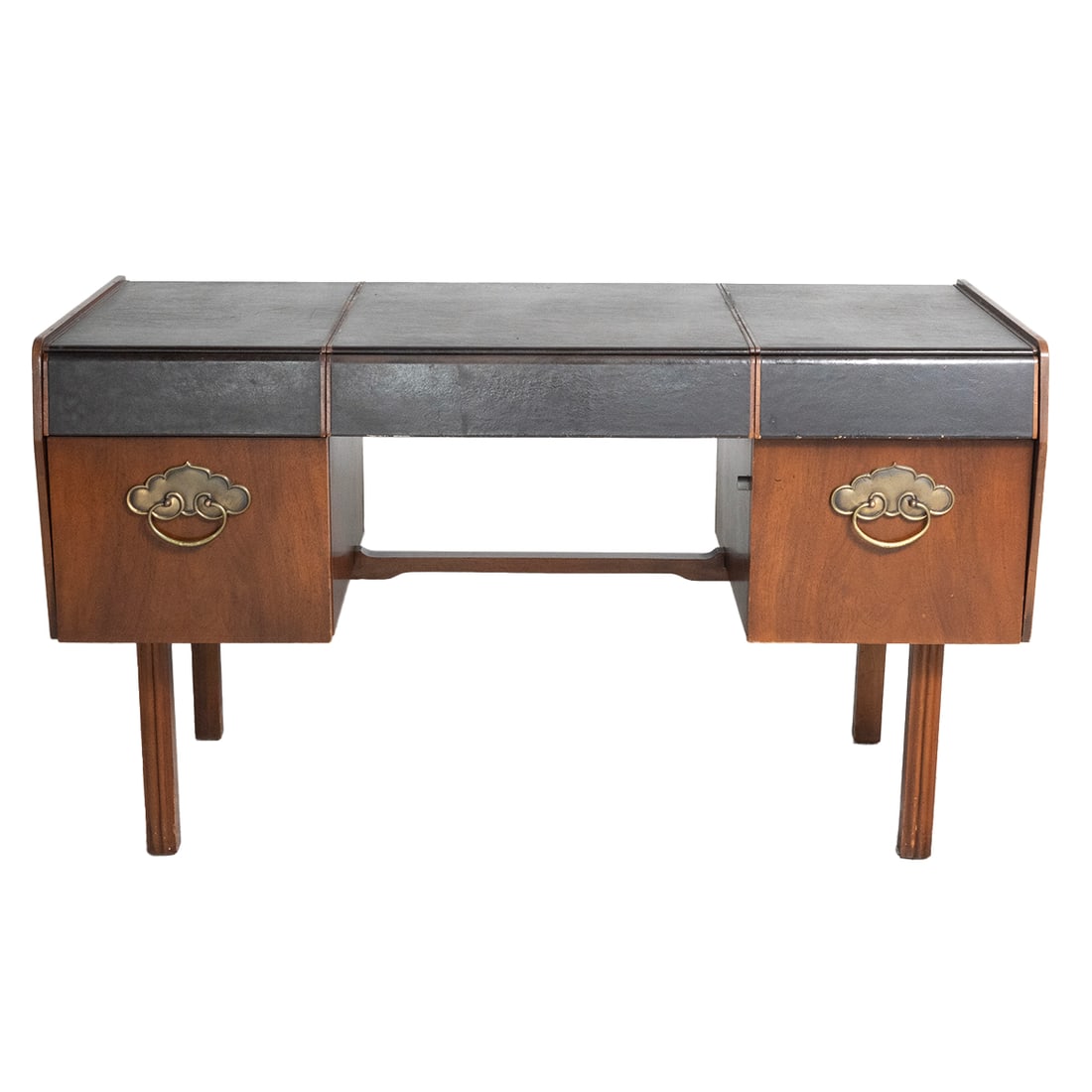 Bert England for Widdicomb Desk with Leather Top: Bert England for Widdicomb Desk with Leather Top. Dark brown leather top, three drawers over single large drawer with Chinese style brass pull on either side. Widdicomb marks to lower drawer interior.
