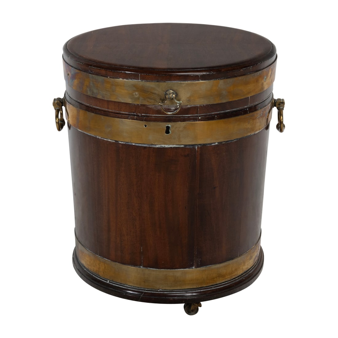 George III Brass Mounted Mahogany Wine Cooler_x000B_: George III Brass Mounted Mahogany Wine Cooler. The round cooler with brass banding and fittings, original lead lining to interior. Late 18th century. {Approximate dimensions: 16 1/2" high x 15 1/2" di