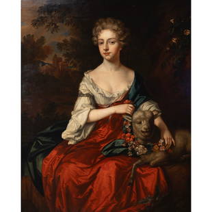 Studio of William Wissing, Portrait of Woman, oil: Studio of WILLEM WISSING (Dutch, 1656-1687), Portrait of Woman with Lamb, oil on canvas, (approximate dimensions - canvas: 48 x 38 1/2 inches); Provenance: Historic Filoli Estate, Woodside, CA. This l