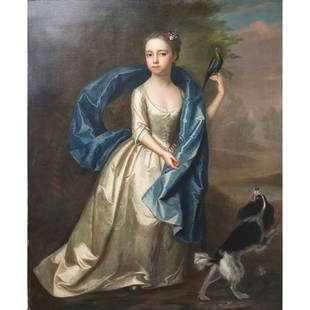 Attr. to George Knapton, Portrait of Young Girl, oil: Attributed to GEORGE KNAPTON (British, 1698-1778), Portrait of Young Girl with Dog and Bird, oil on canvas, (approximate dimensions - canvas: 49 5/8 x 40 1/4 inches); unsigned. Condition: Surface dust