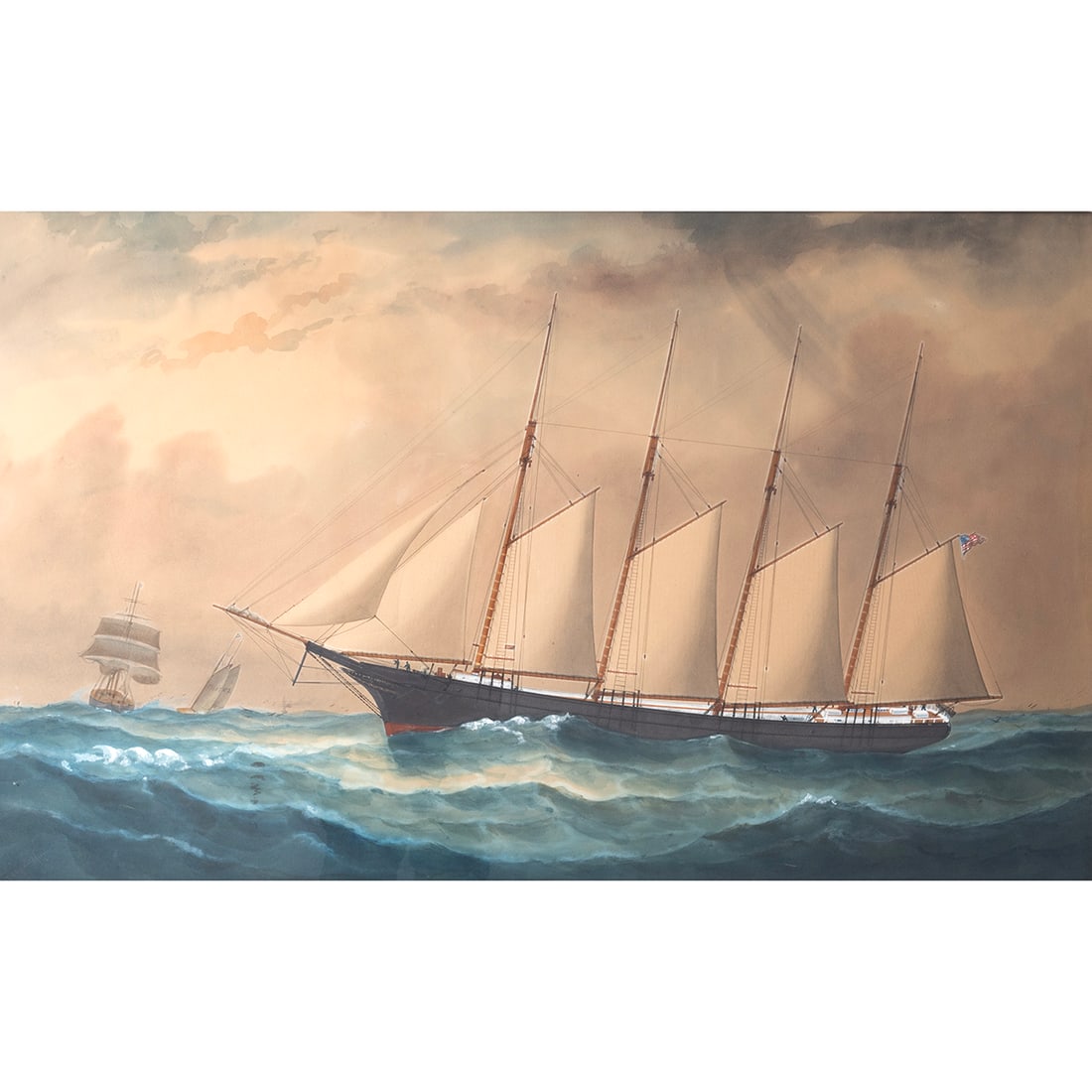 Arthur Victor Gregory, Ship at Sea, watercolor: ARTHUR VICTOR GREGORY (Australian, 1867-1957), Ship at Sea, watercolor on paper, (approximate dimensions - sheet (sight): 26 x 42 inches); signed and dated, possibly 1891 at lower left. Provenance: Hi