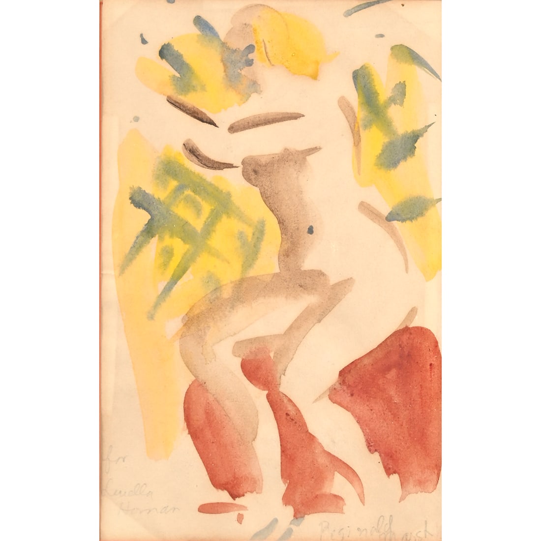 Reginald Marsh, Nude, watercolor: REGINALD MARSH (American, 1898-1954), Nude, watercolor on paper, (approximate dimensions - sheet (sight): 9 x 5 3/4 inches); dedication lower left, signed lower right. Condition: Toning and buckeling