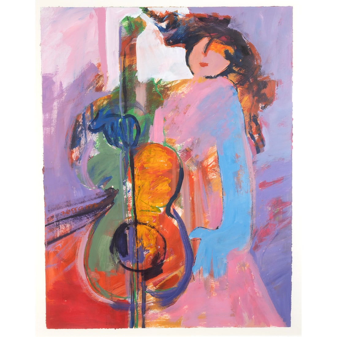 Hessam Abrishami, Figure with Cello, acrylic: HESSAM ABRISHAMI (Iranian, b. 1951), Woman with Cello, ca. 1990s, acrylic on paper, (approximate dimensions - image: 25 5/8 x 20 inches, sheet (sight): 28 x 22 inches); signed lower mid left area. Con