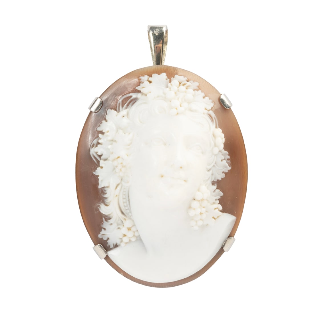 French Shell Cameo, 18k Gold, Platinum Pendant Brooch.: French Shell Cameo, 18k White Gold, Platinum Pendant Brooch. Featuring one shell cameo depicting Dionysus, set in an 18k white gold, platinum pendant brooch mounting measuring approximately 38 x 30 mm