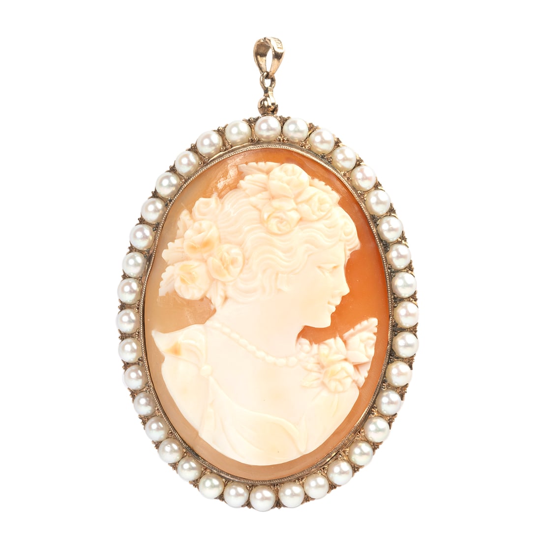 Shell Cameo, Cultured Pearl, 12k Gold Pendant Brooch.: Shell Cameo, Cultured Pearl, 12k Yellow Gold Pendant Brooch. Featuring one shell cameo depicting the profile of a lady, surrounded by cultured pearls, set in a 12k yellow gold pendant brooch mounting 
