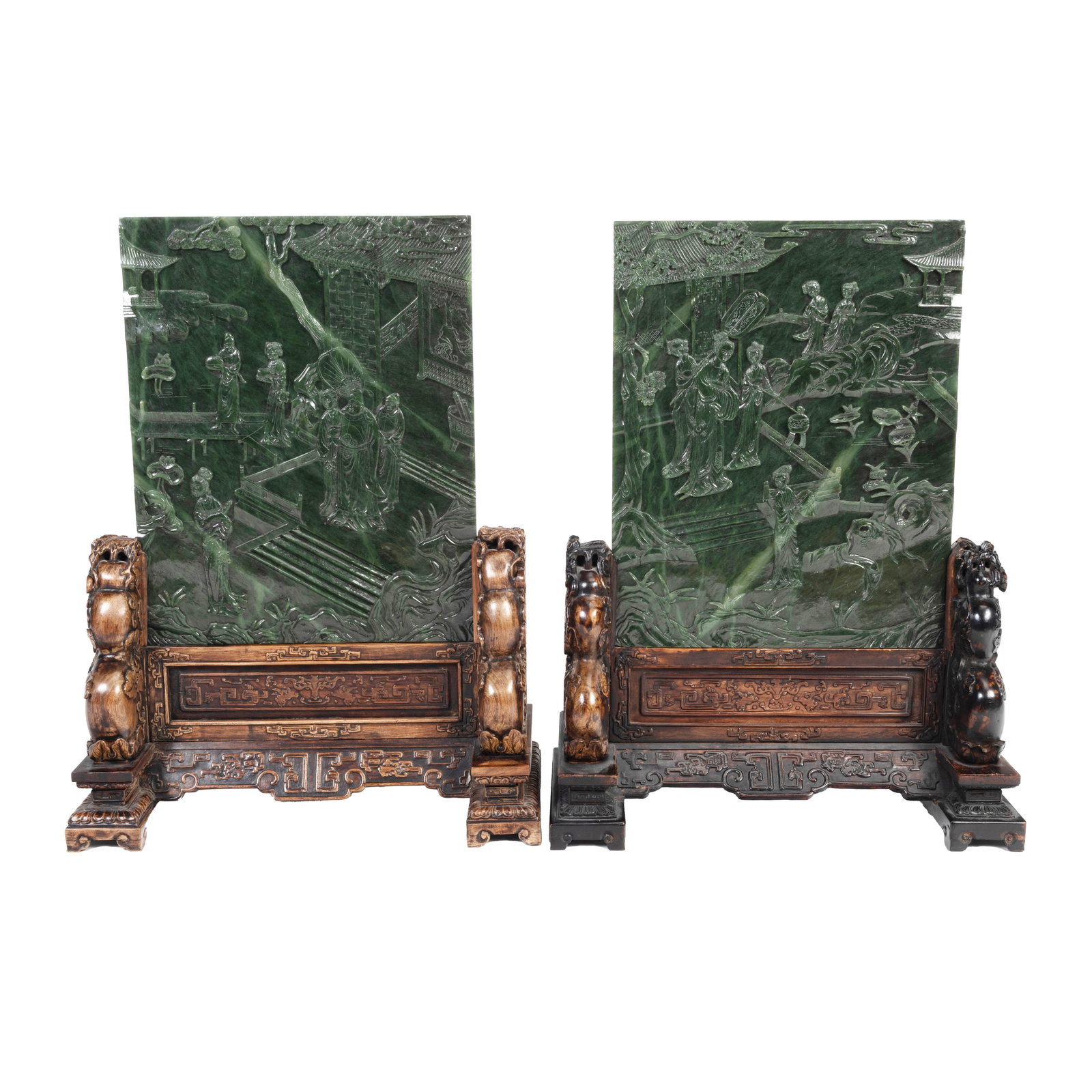 Pair of Carved Spinach Jade Plaque Insert Table Screens (1 of 3)