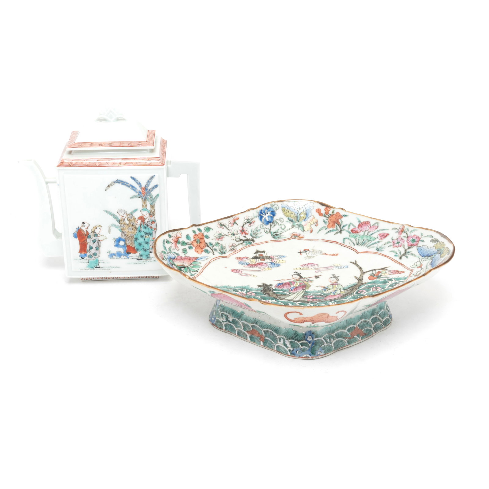 Chinese Famille Rose Porcelain Teapot and Footed Dish (1 of 3)