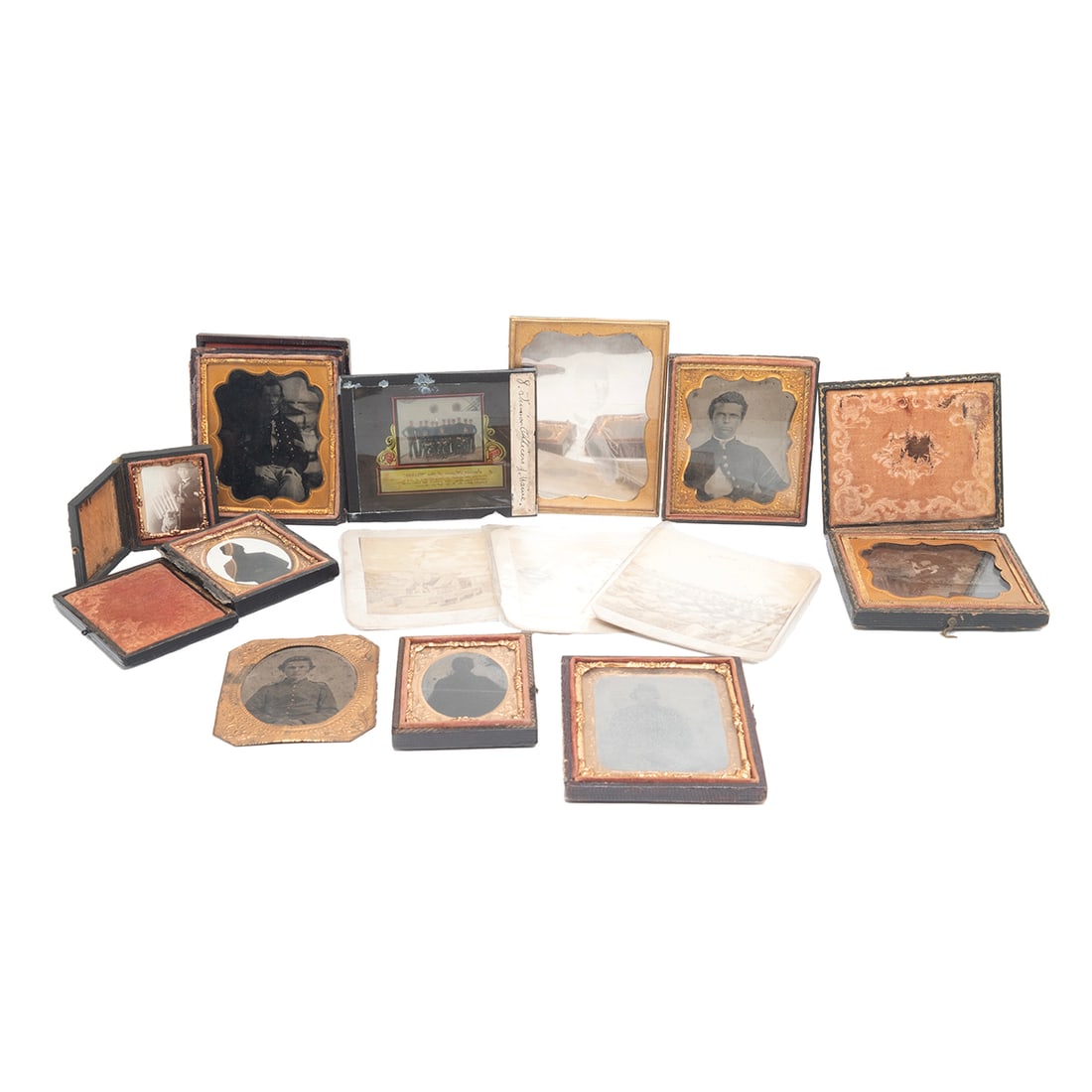 Tintypes and Daguerrotypes Including Civil War Soldiers: Tintypes and Daguerrotypes Including Civil War Soldiers. 13 examples total; one small example with pug and flag is later example on paper; also included is glass slide of 'Junior Officers of the Maine