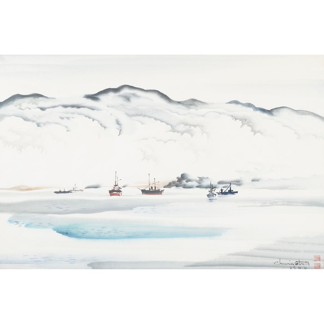 Chiura Obata, Ships in the Sea, watercolor (1 of 2)