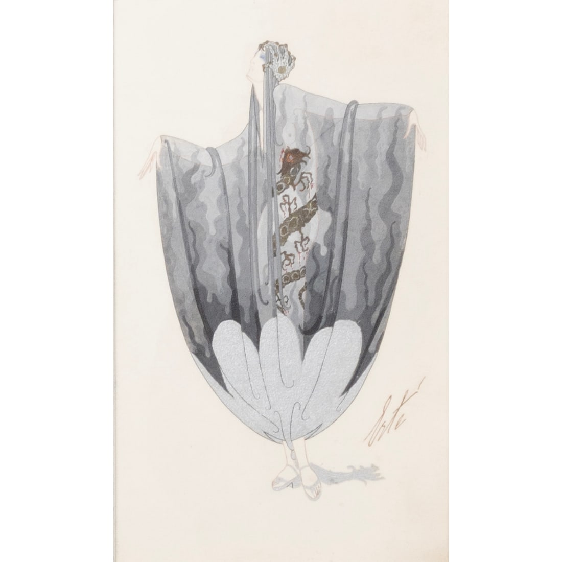 Erte, Fleurs De Rere, gouahce: ROMAIN (Erte) DE TIRTOFF (Russian/French, 1892-1990), "Fleurs De Rere," gouache on board, (approximate dimensions - board: 9 3/8 x 5 3/4 inches), signed lower right, inscribed verso: "Fleurs De..., Fl