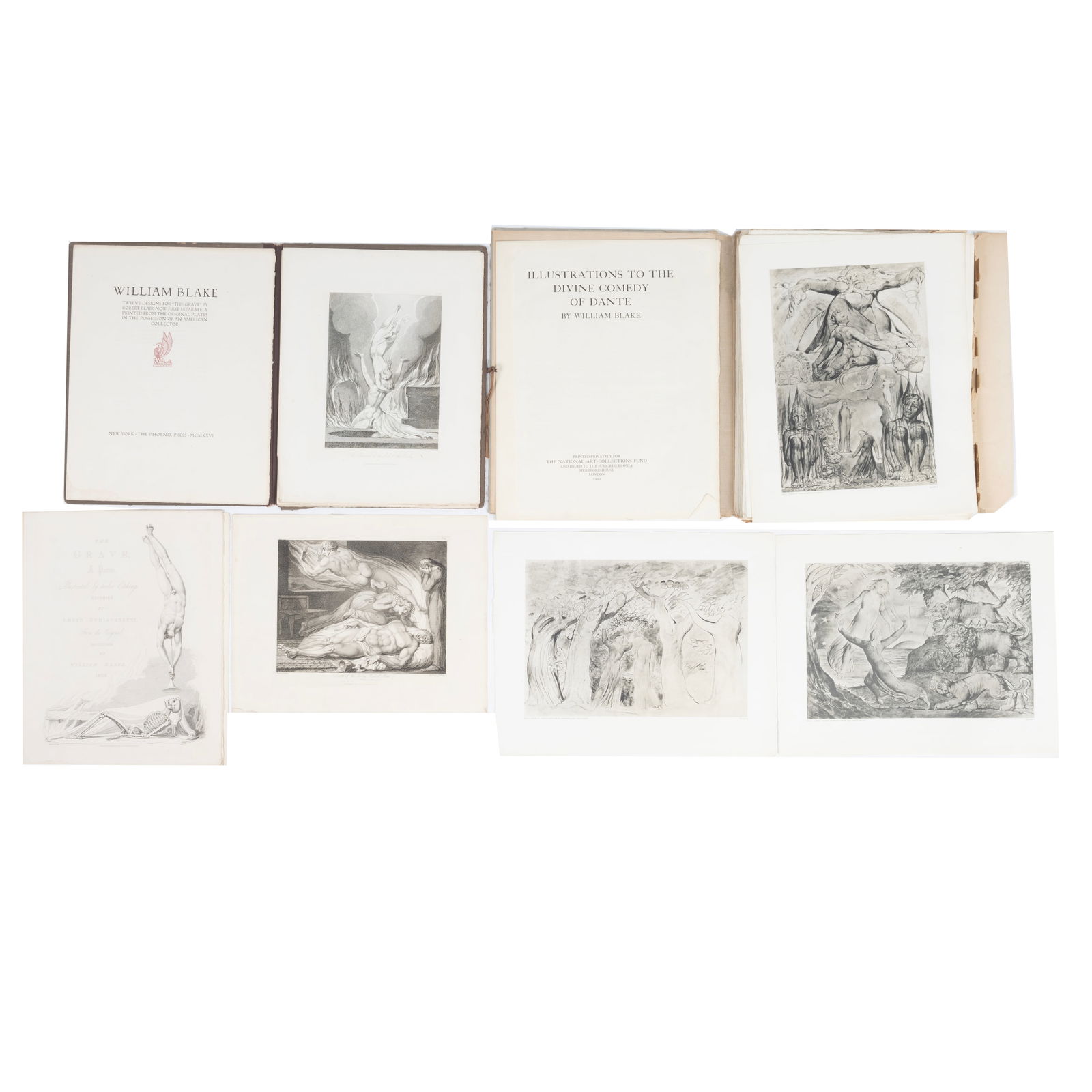 William Blake, Divine Comedy and The Grave, two books: WILLIAM BLAKE (British, 1757-1827), two folio's, including "Designs by William Blake for The Grave by Robert Blair," 12 engraving on Arches laid paper with slip cover in hardbound book (approximate di