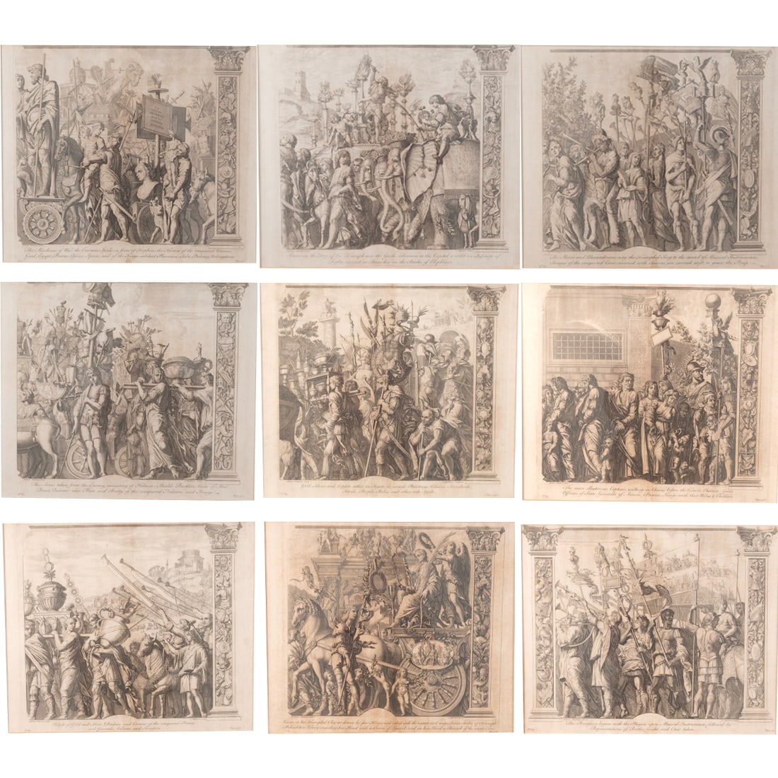Cornelis Huyberts, Caesar's Triumphant, nine engravings: CORNELIS HUYBERTS (Dutch, 1669-1712), and After ANDREA MANTEGNA (Italian, 1431–1506), Caesar's Triumphant Return to Rome, 1753, including Plate No. 78, 79, 80, 81, 82, 83, 84, 85; nine engravings on