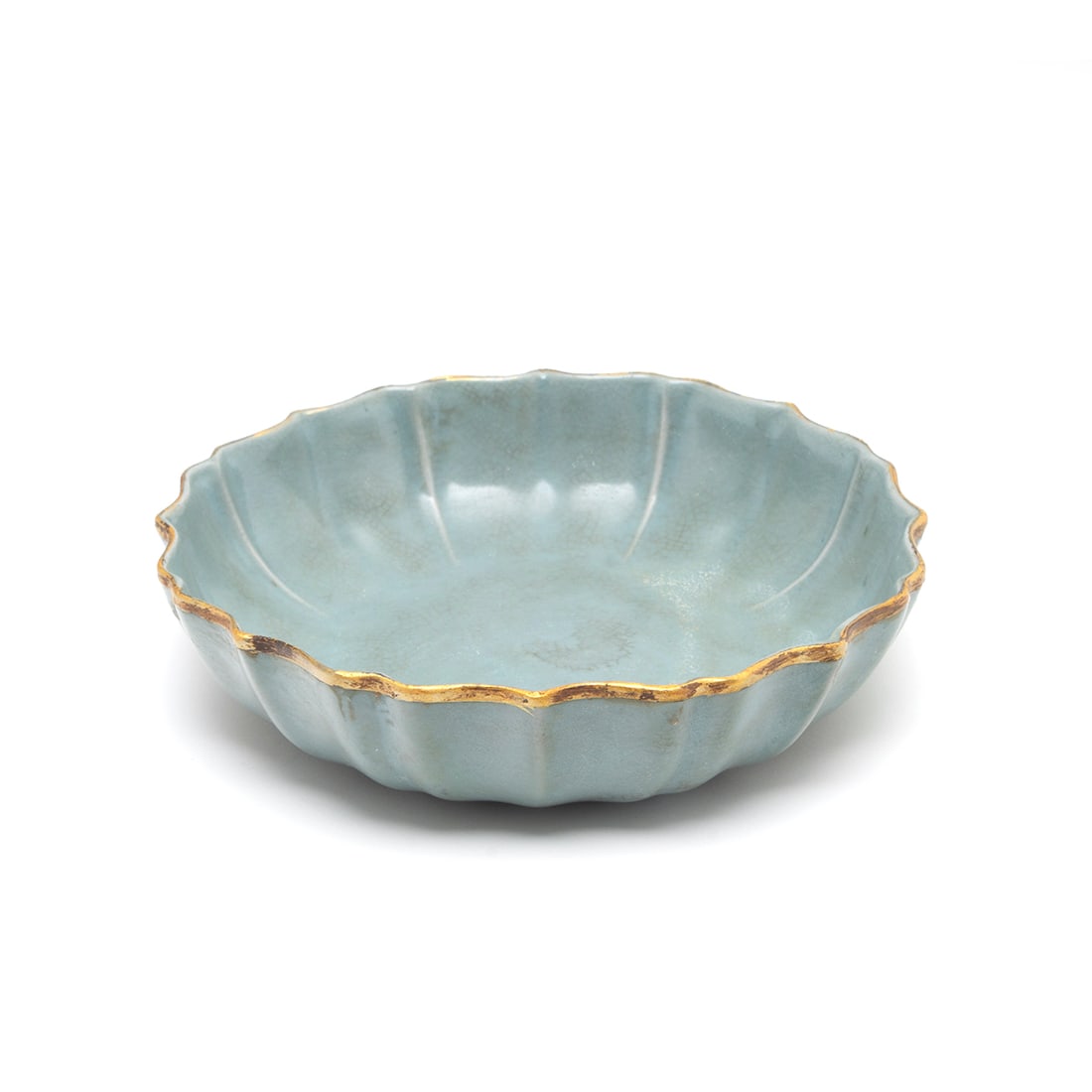 Chinese Guan Type Foliated Dish with Gilt Inscriptions (1 of 3)