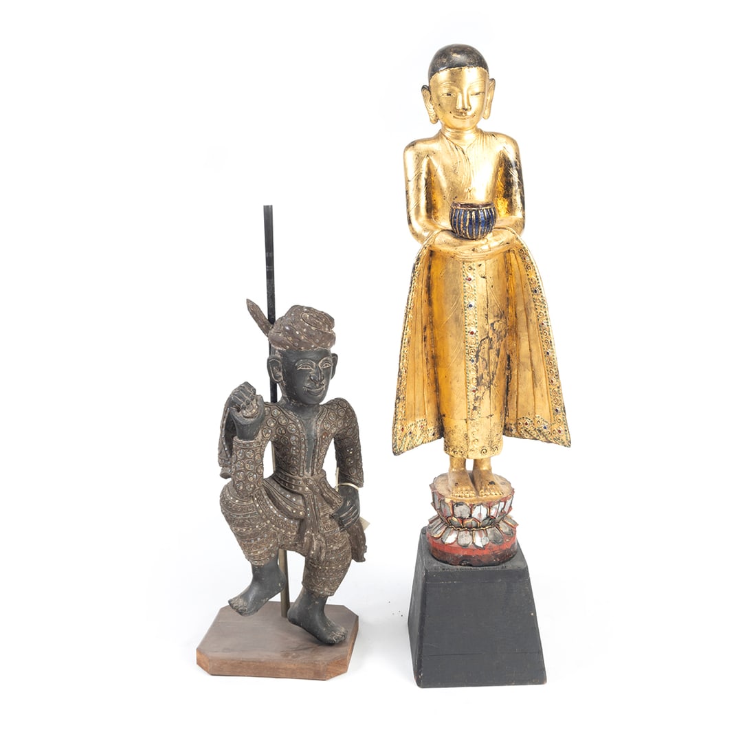 Malaysian Dancer Figure and Standing Buddha: (Lot of Two) Malaysian Dancer Figure and Standing Buddha. {Largest: height 46 1/2 inches (118.1 cm)with stand}. Condition: Wear and losses.