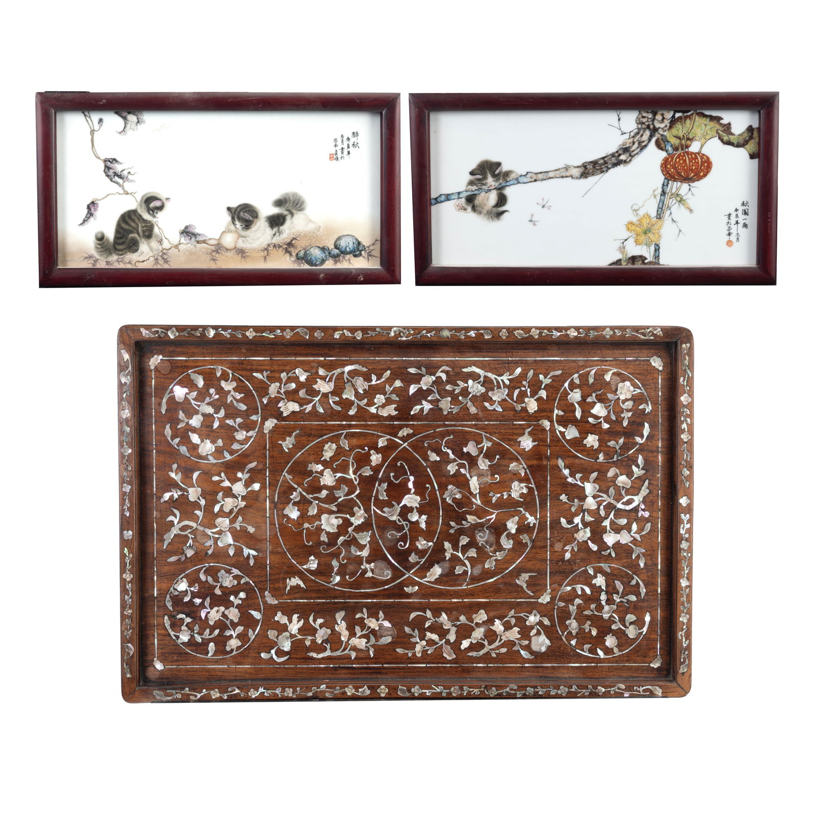 Two Framed Famille Rose Porcelain Panels and a Tray (1 of 7)