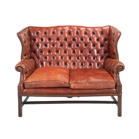 High Back Tufted Leather Settee