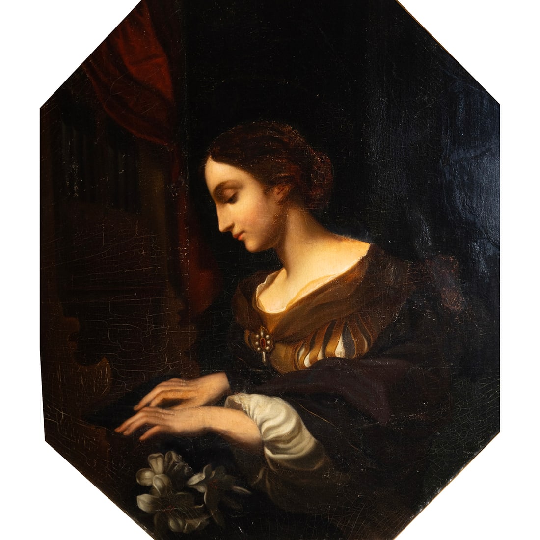 European School, Woman Playing Piano, oil: EUROPEAN SCHOOL (later 19th Century), Woman Playing Piano, oil on canvas, (approximate dimensions - canvas: 37 1/2 x 31 1/2 inches); unsigned. Condition: Surface dust, frame abrasion, darkened pigment